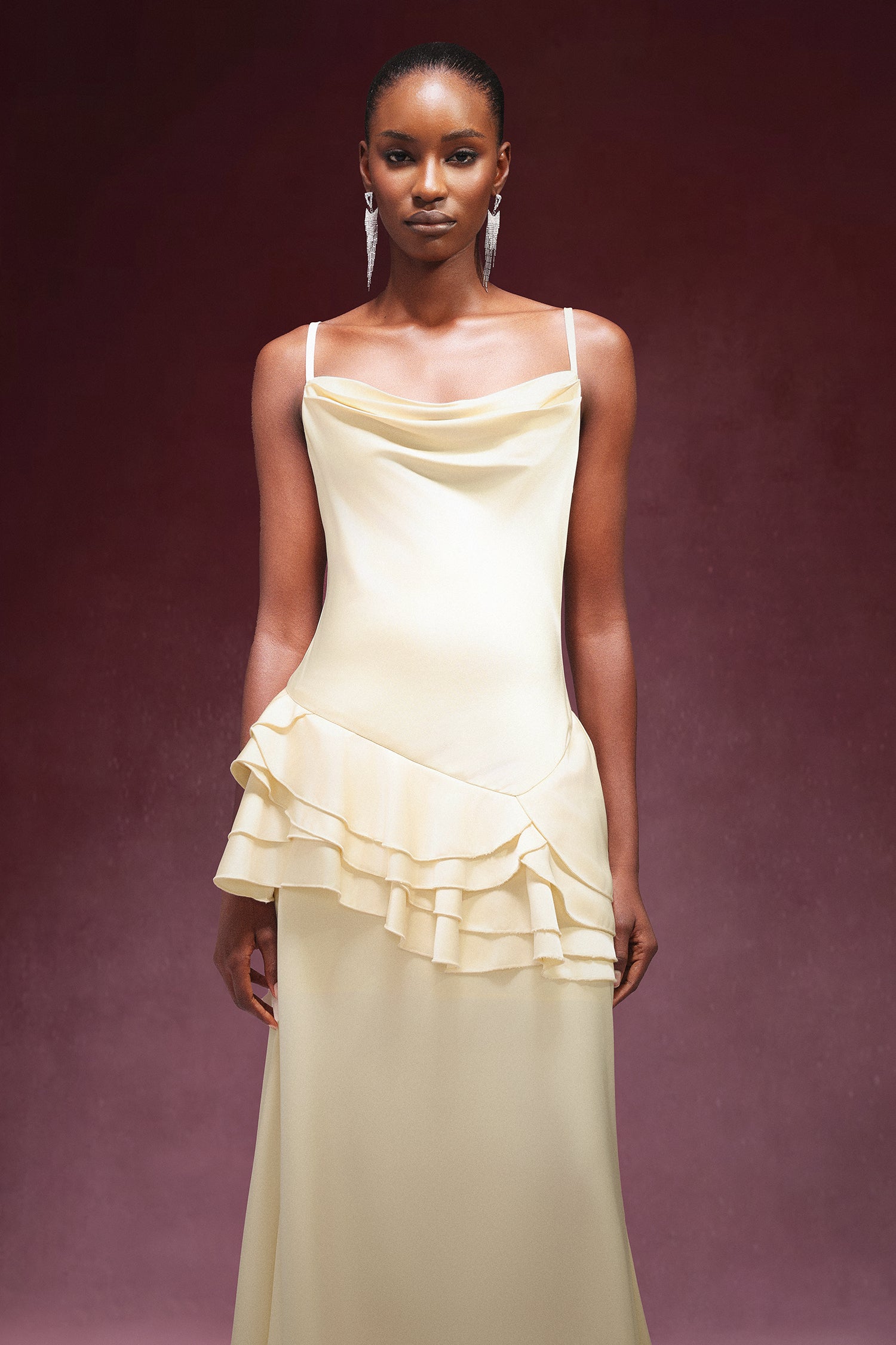 Gunnhild Sleeveless Falbala Satin Maxi Dress	