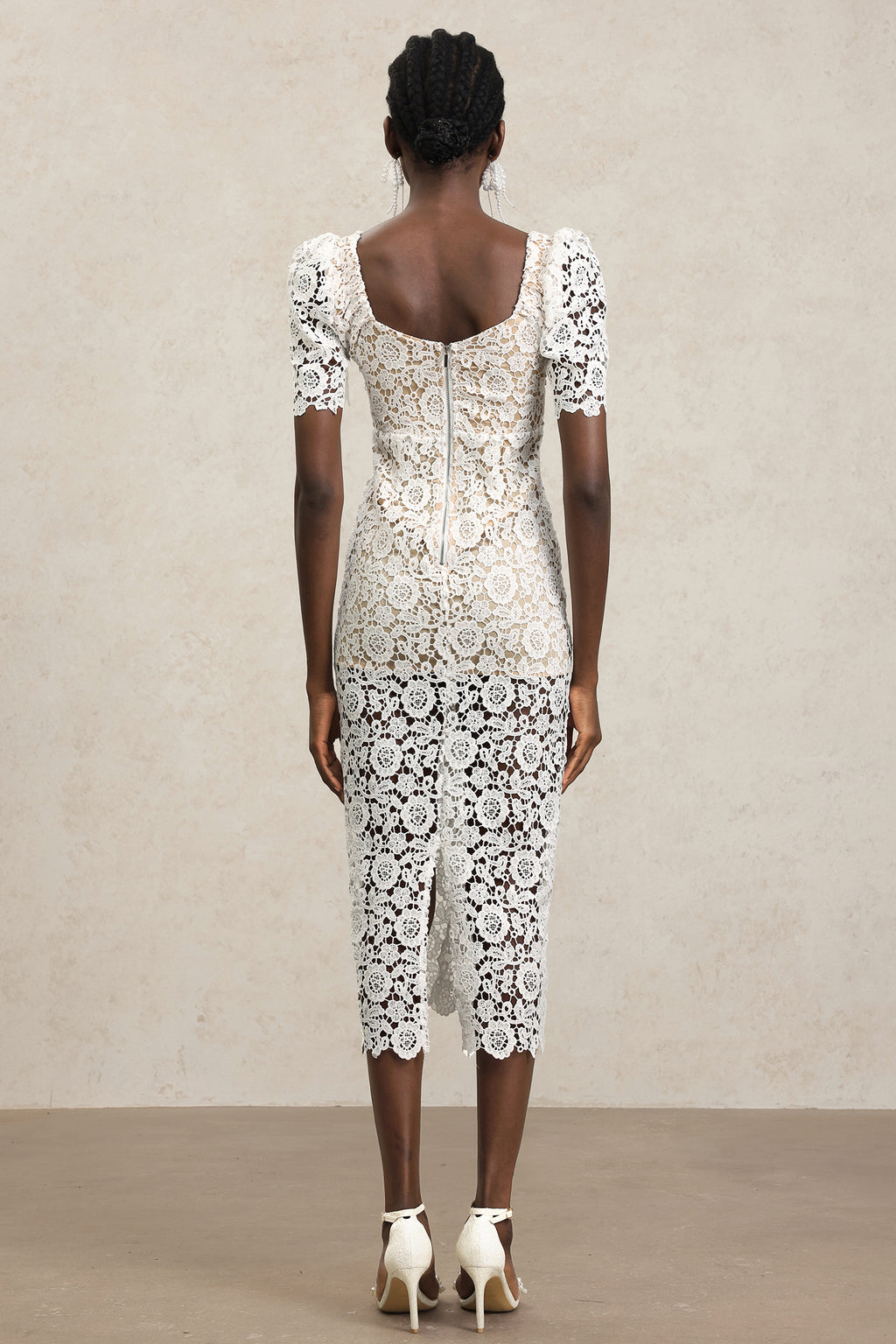 Savia Short Sleeves Diamond Lace Midi Dress	