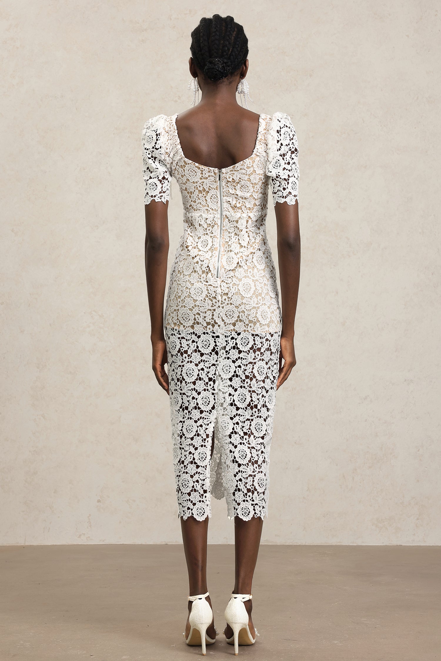Savia Short Sleeves Diamond Lace Midi Dress	