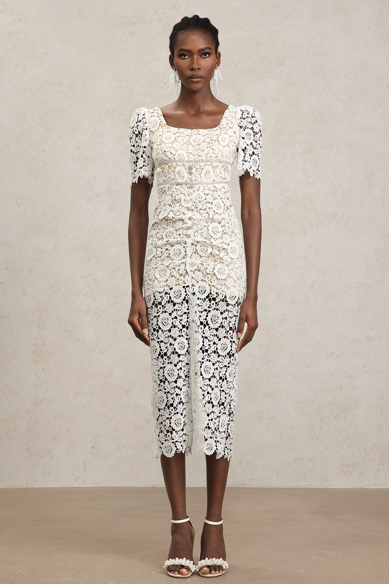 Savia Short Sleeves Diamond Lace Midi Dress	
