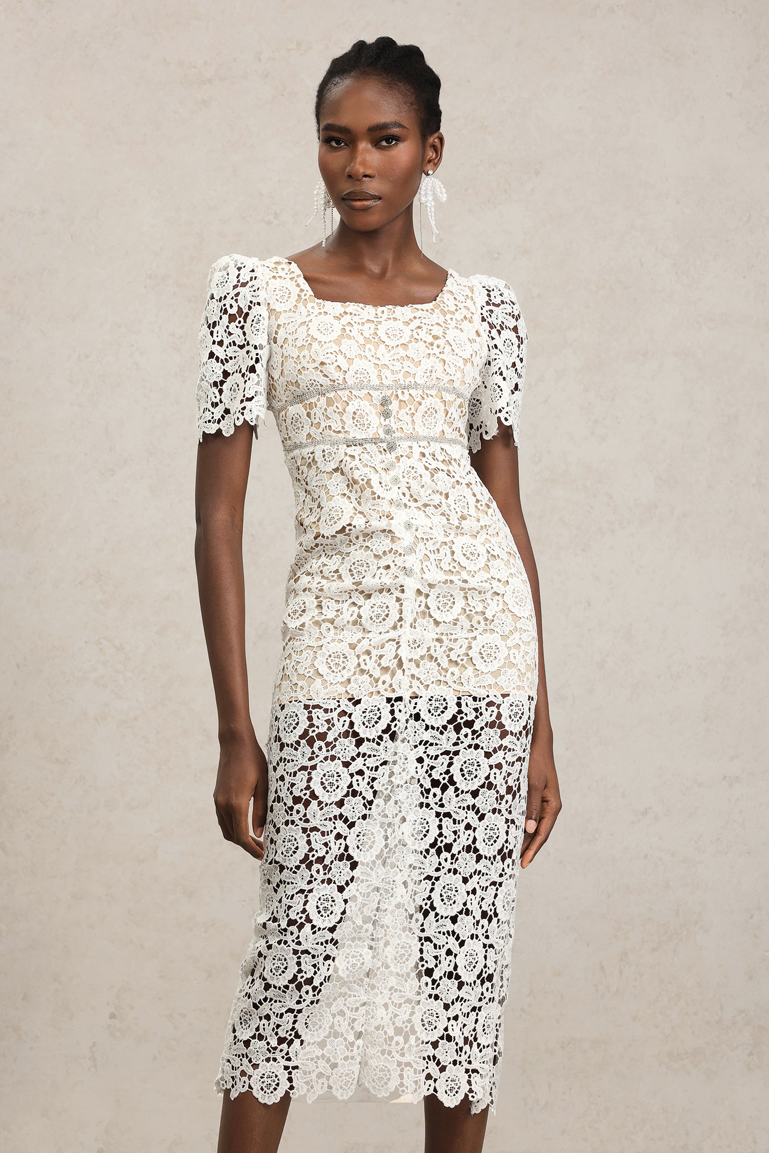 Savia Short Sleeves Diamond Lace Midi Dress	