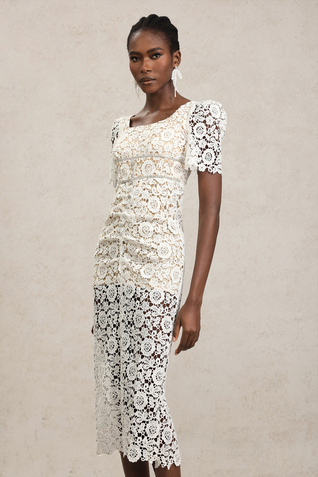 Savia Short Sleeves Diamond Lace Midi Dress	