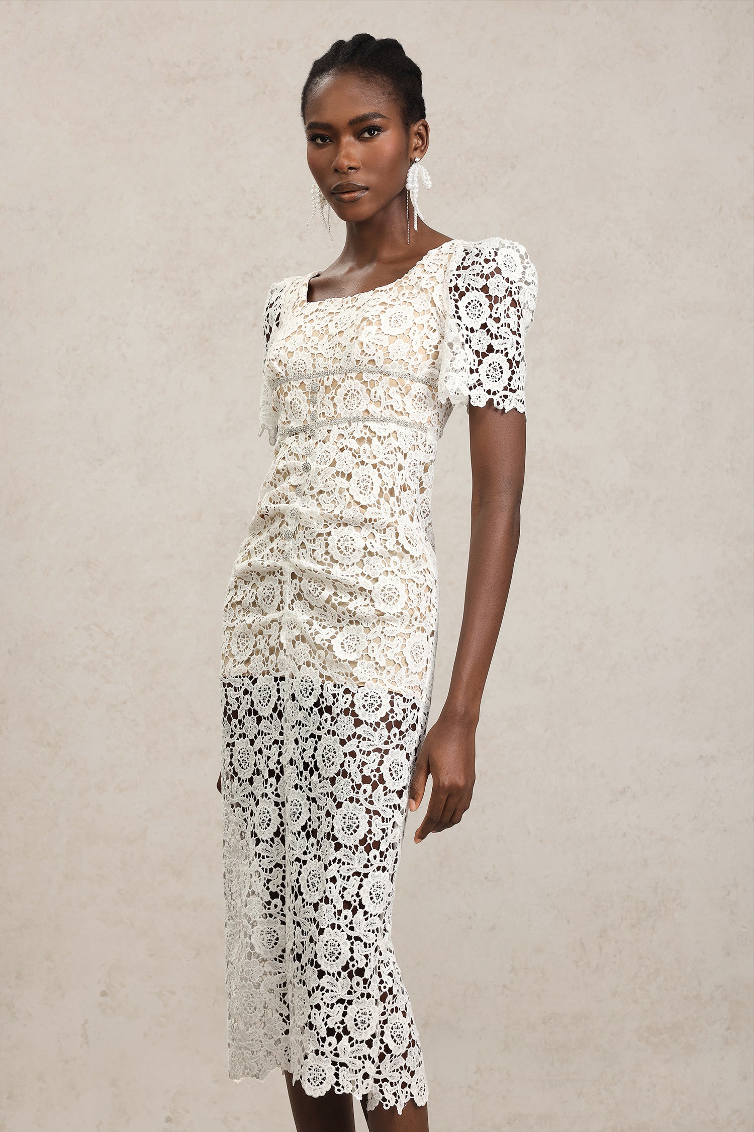Savia Short Sleeves Diamond Lace Midi Dress	