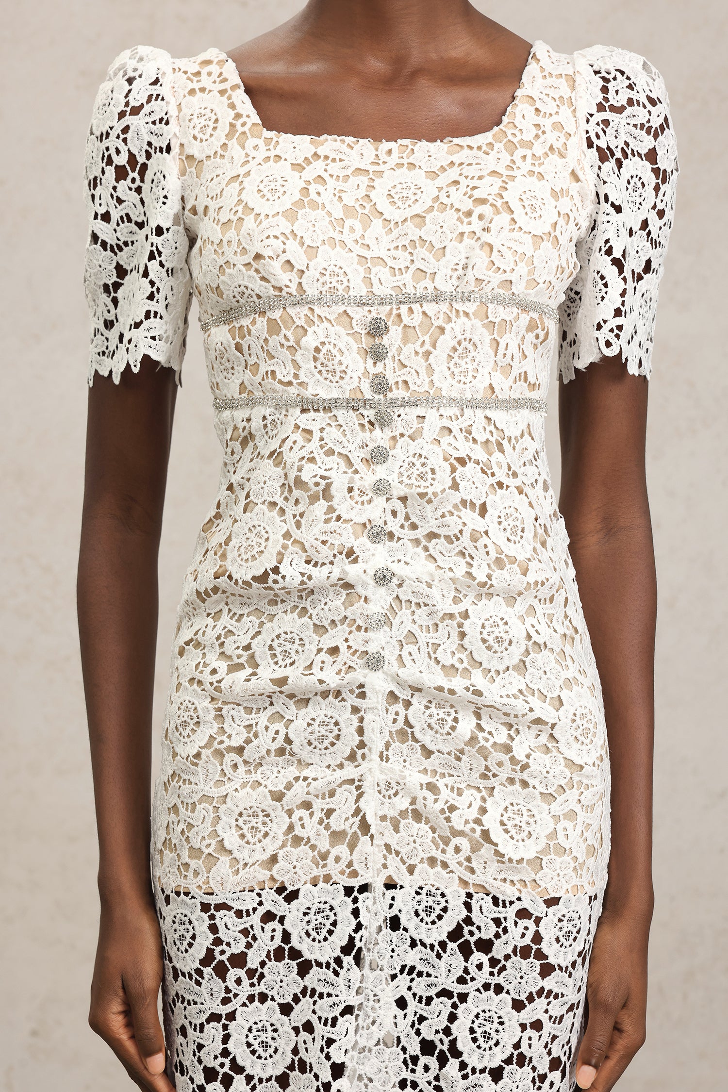 Savia Short Sleeves Diamond Lace Midi Dress	
