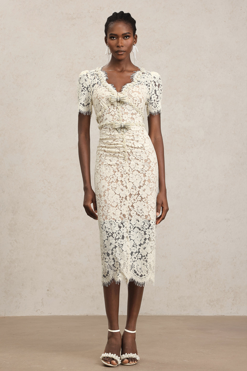 Maisie V-Neck Short Sleeves Bowknot Lace Midi Dress	