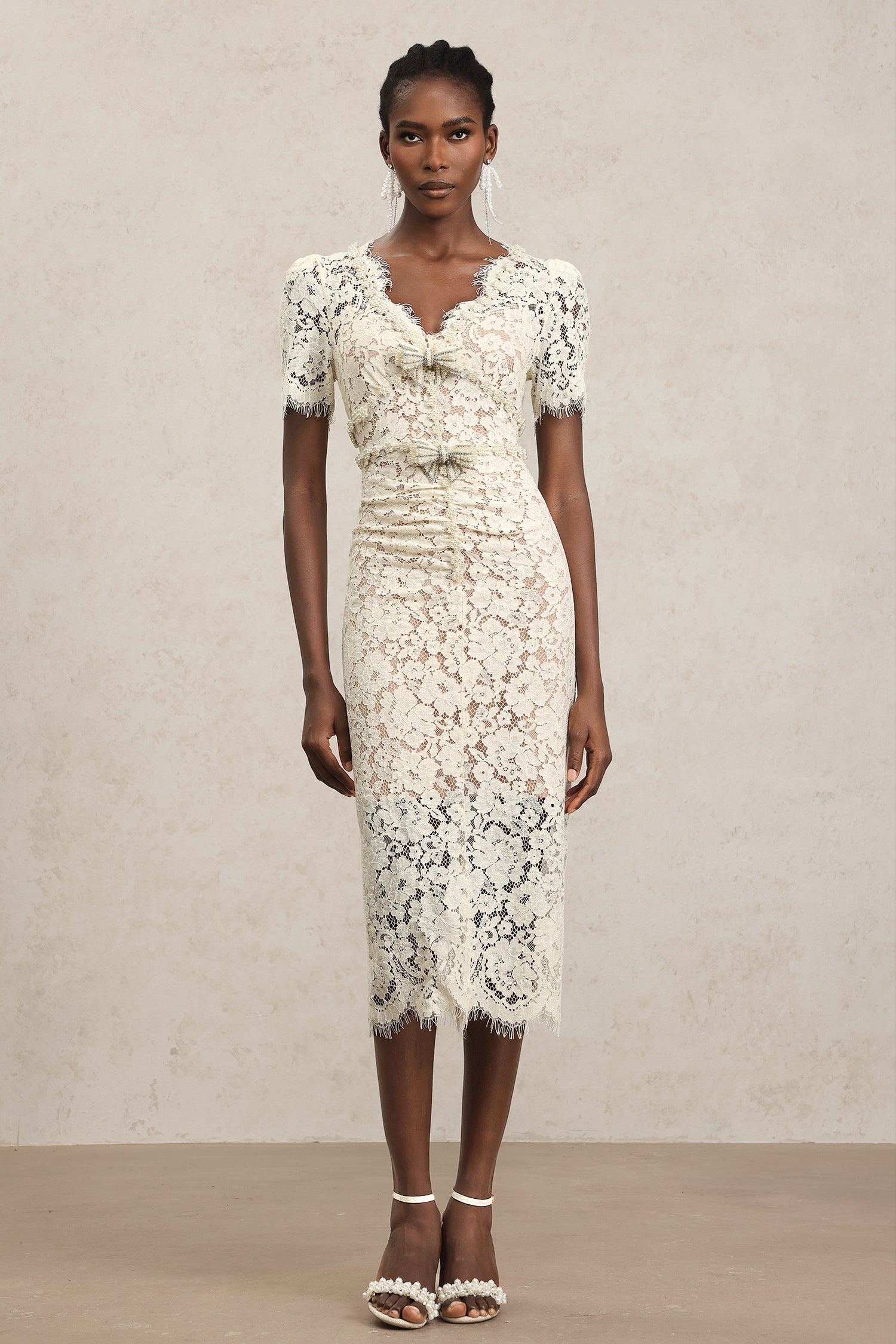 Maisie V-Neck Short Sleeves Bowknot Lace Midi Dress	