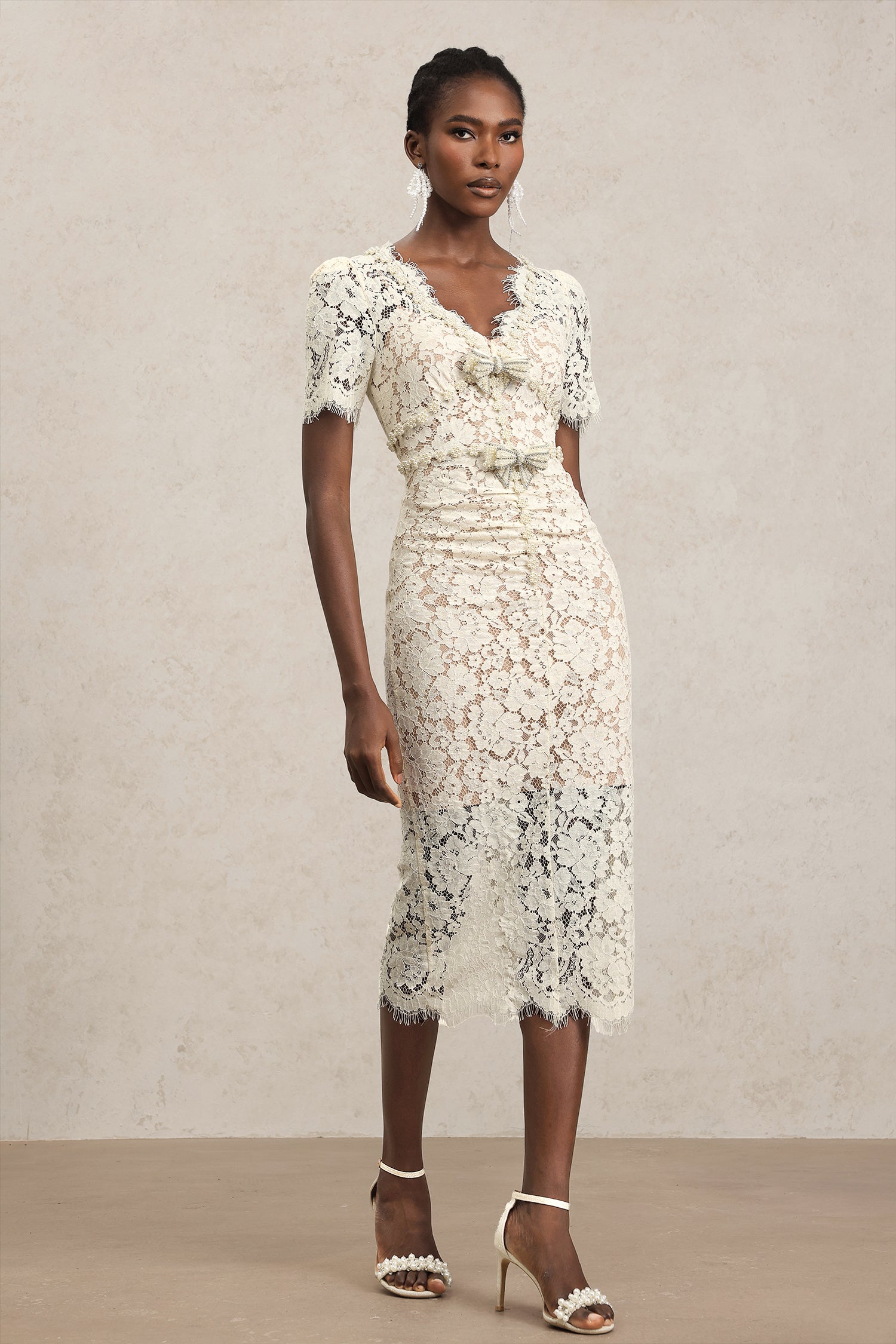 Maisie V-Neck Short Sleeves Bowknot Lace Midi Dress	
