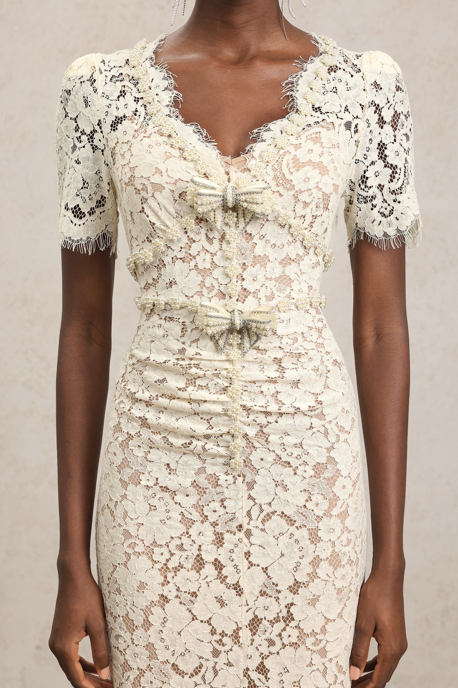 Maisie V-Neck Short Sleeves Bowknot Lace Midi Dress	