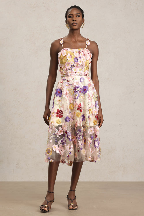 Faux Halter Flowers Midi Dress	