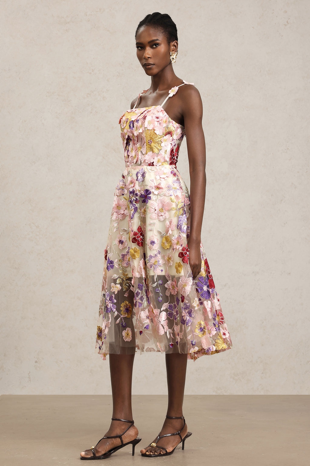 Faux Halter Flowers Midi Dress	