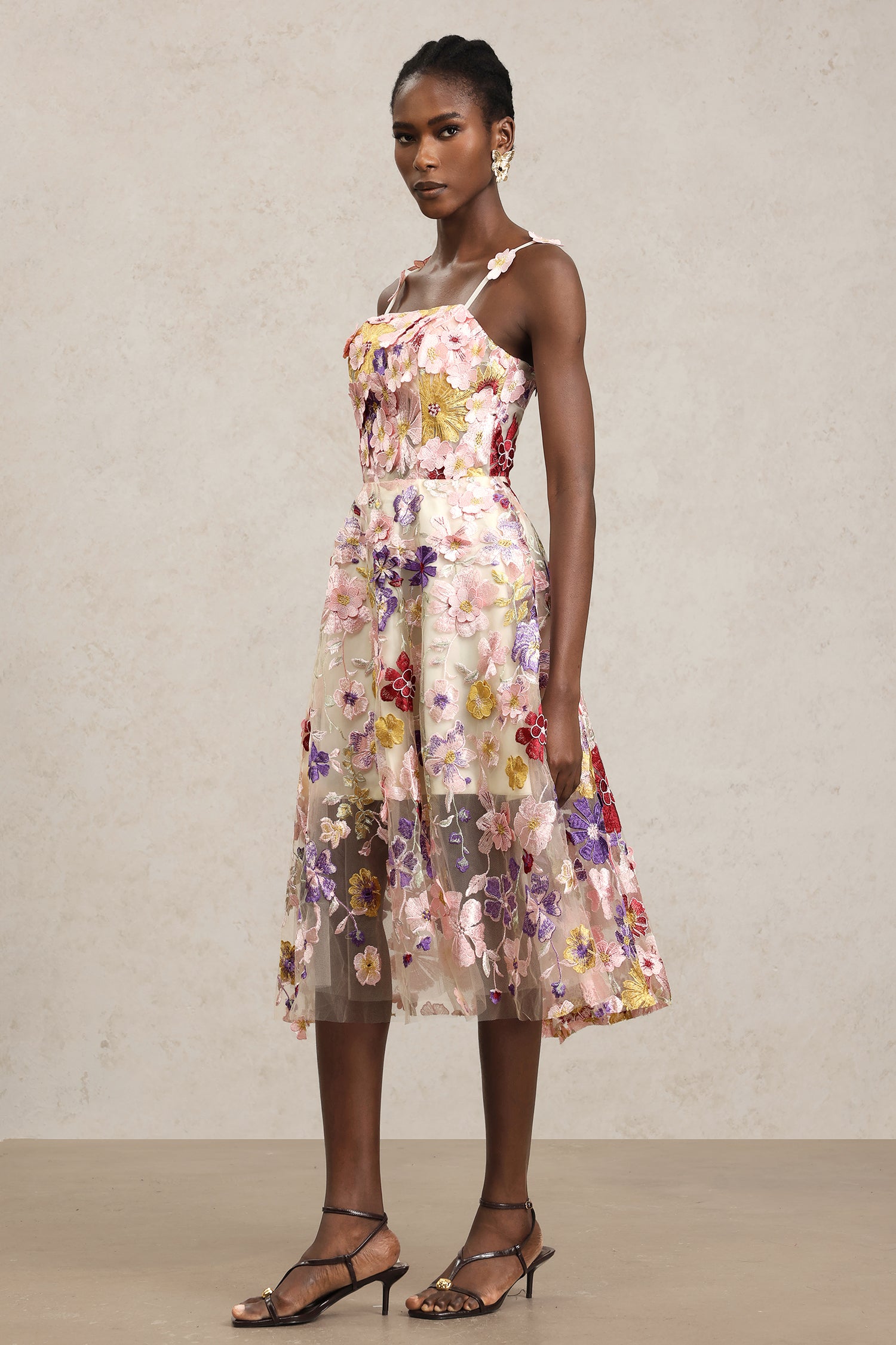 Faux Halter Flowers Midi Dress	