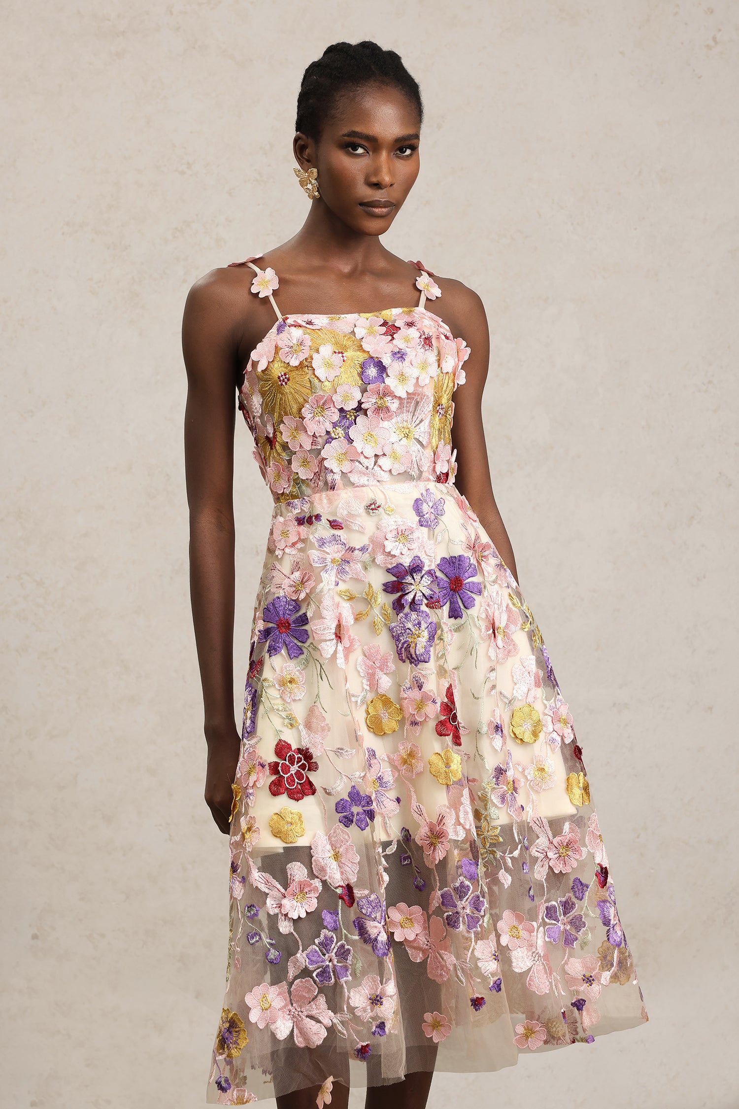 Faux Halter Flowers Midi Dress	