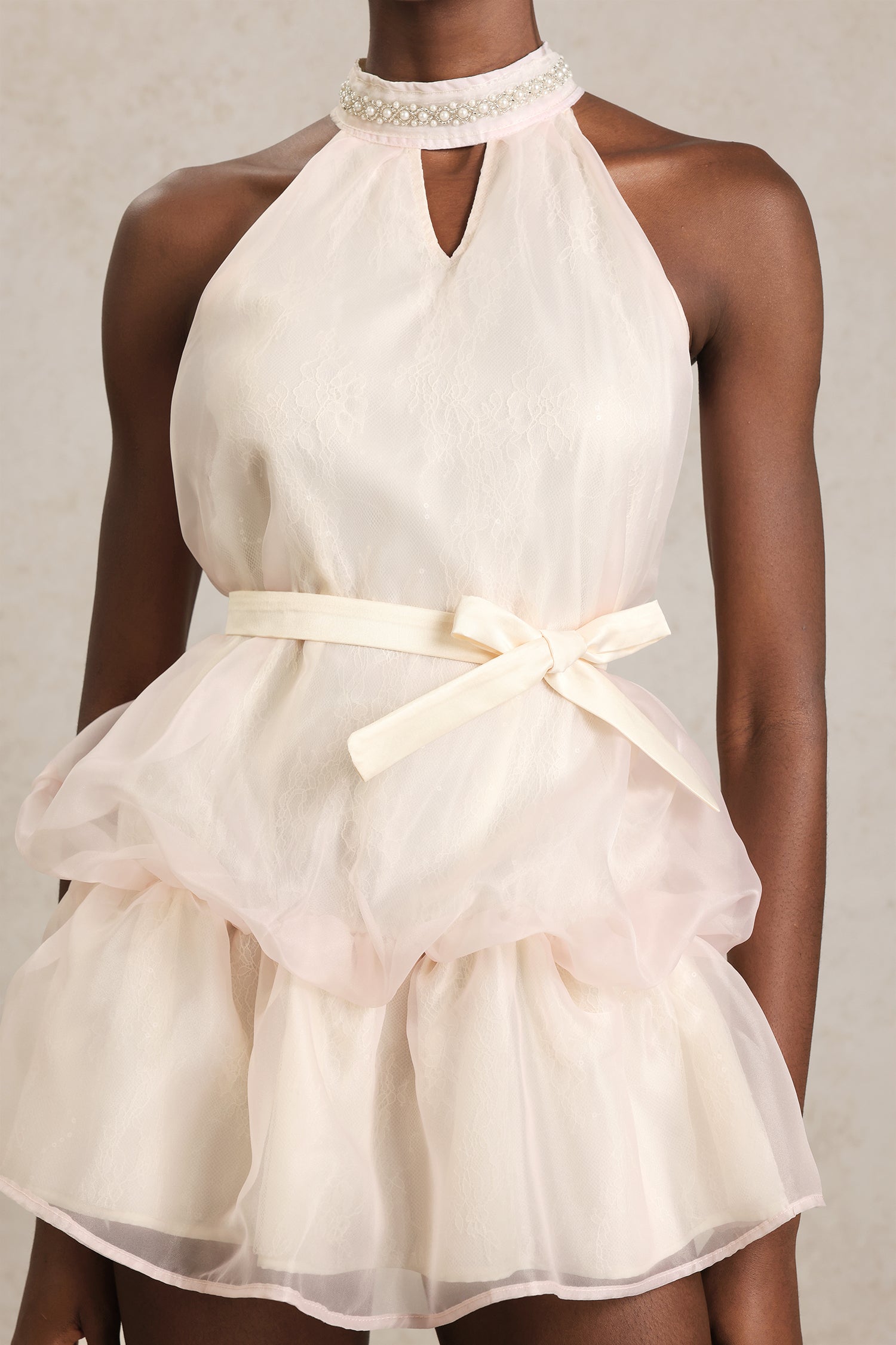 Erica Pearl Sleeveless Bowknot Puff Mini Dress	
