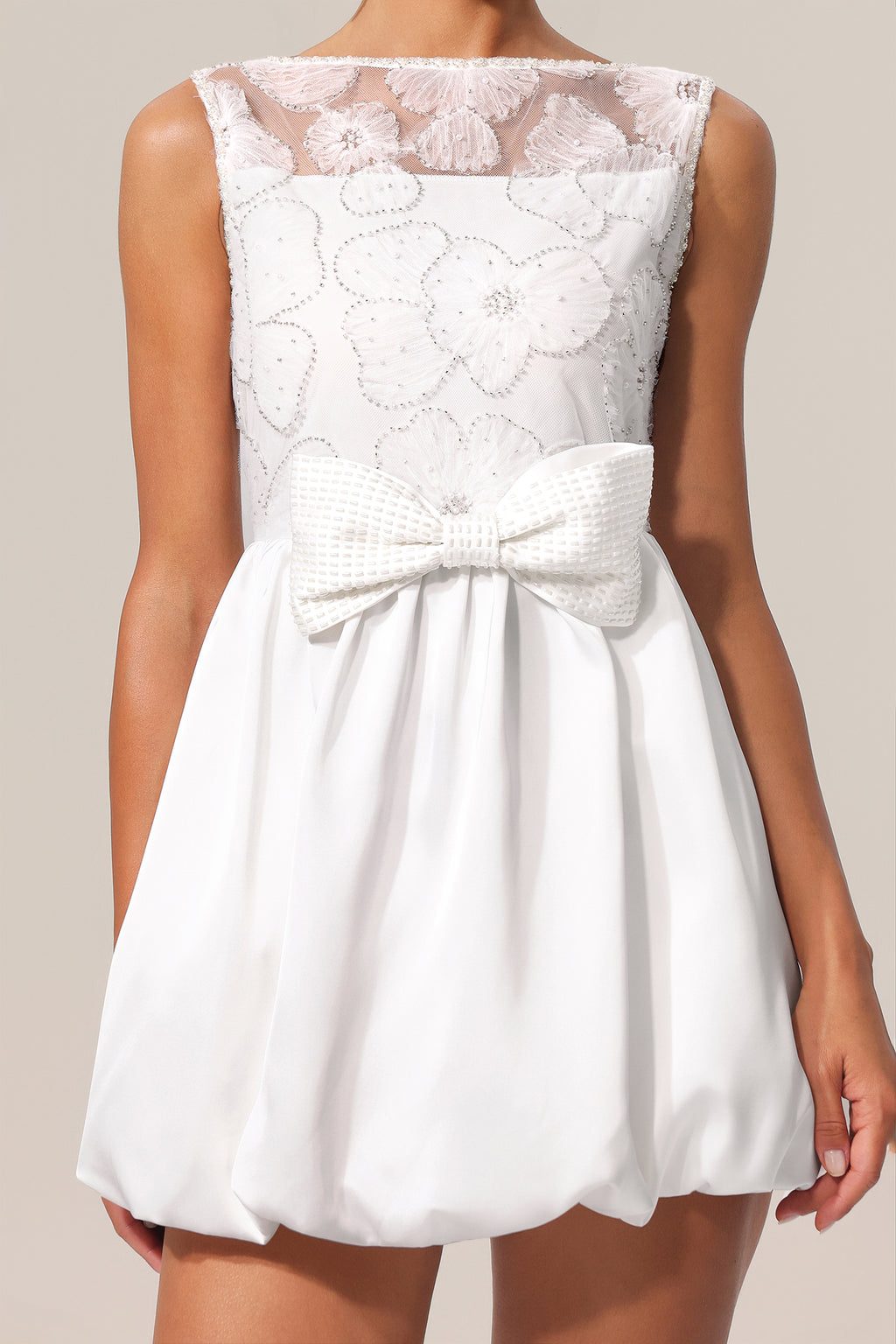 Shea Sleeveless Bowknot Embroidery Flowers Lace Mini Dress	