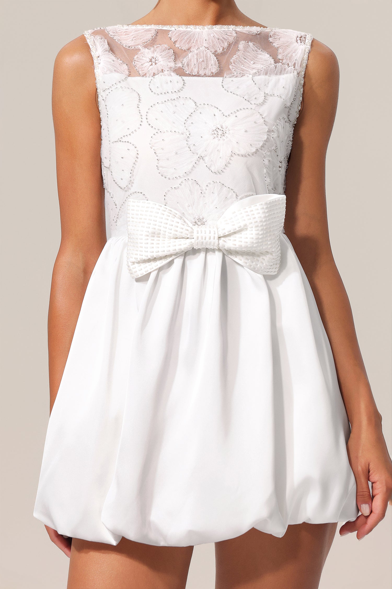 Shea Sleeveless Bowknot Embroidery Flowers Lace Mini Dress	