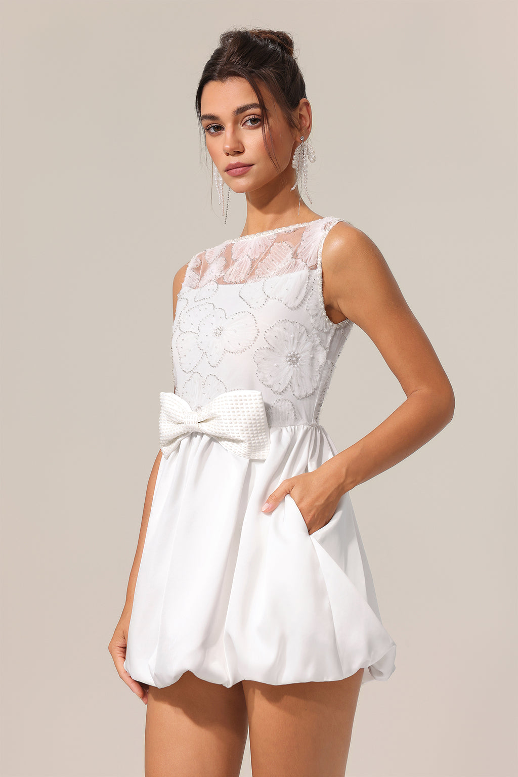 Shea Sleeveless Bowknot Embroidery Flowers Lace Mini Dress	