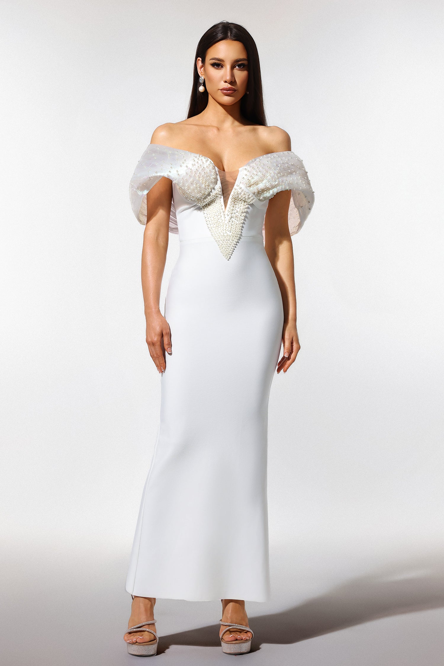 Sharina Off-The-Shoulder Pearl Bandage Maxi Dress	
