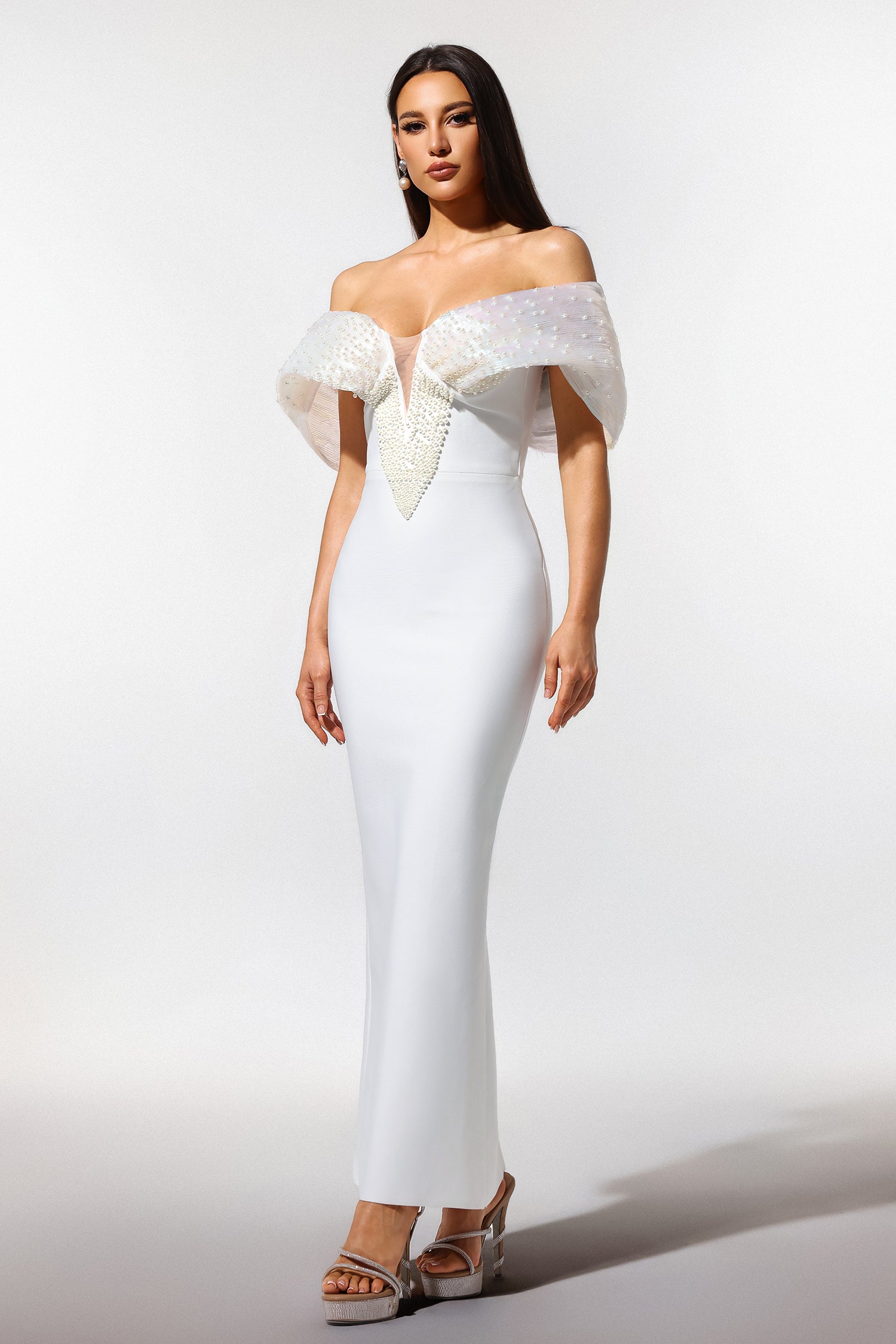 Sharina Off-The-Shoulder Pearl Bandage Maxi Dress	