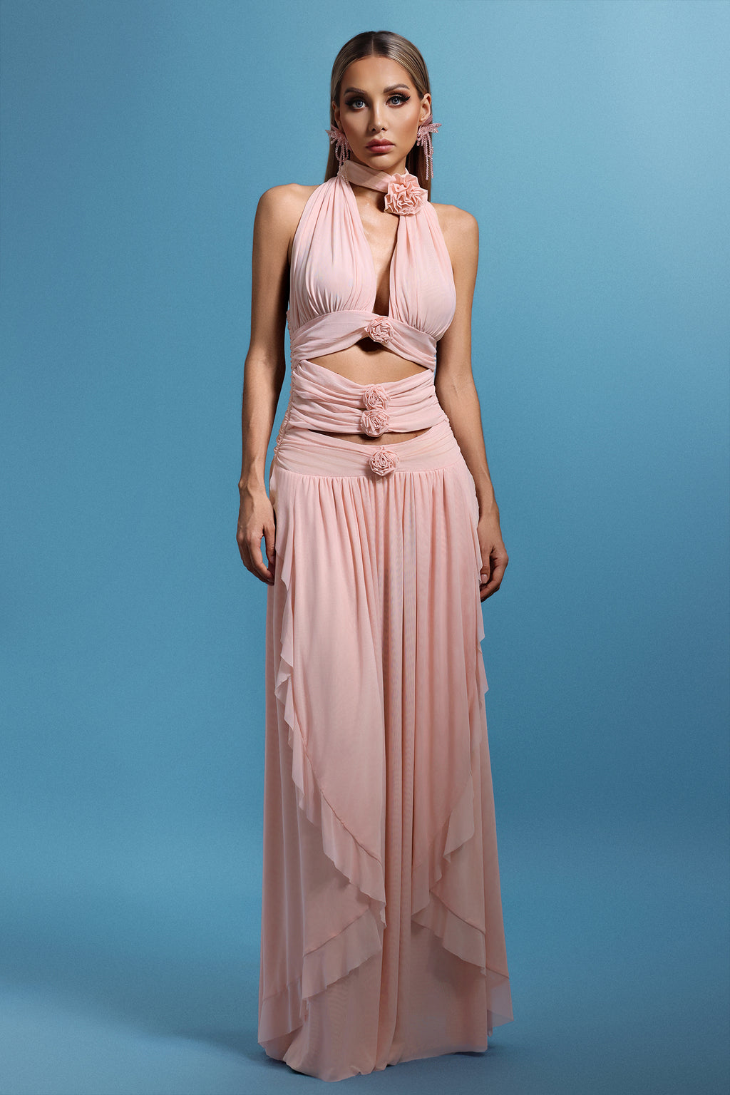 Sharian Sleevess Halter Hollowed out Flowers Maxi Dress	