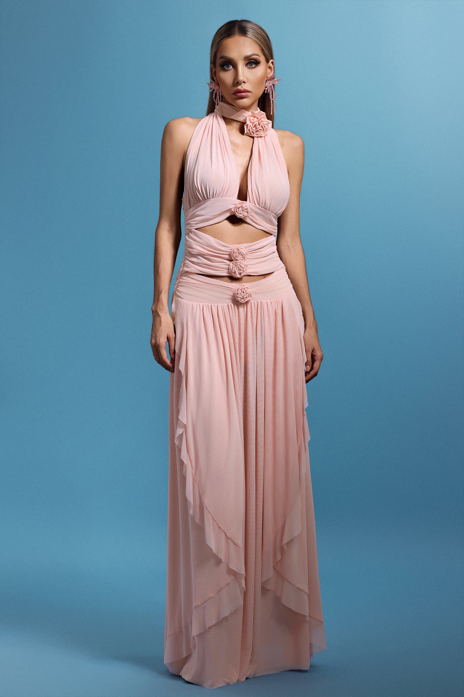 Sharian Sleevess Halter Hollowed out Flowers Maxi Dress	