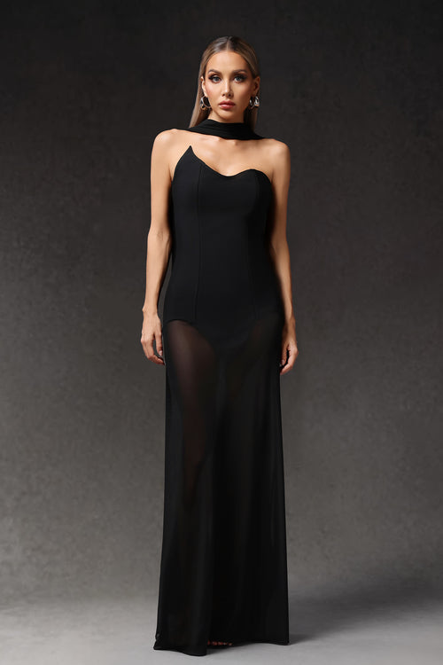 Ezgi Sleeveless Tulle Ribbon Bandage Maxi Dress	