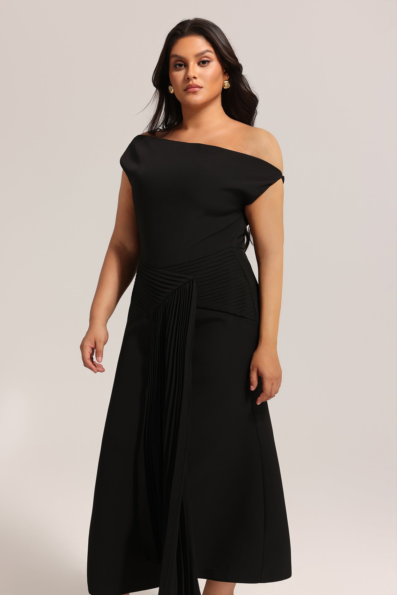 Juny Oblique Shoulder Sleeveless Folds Midi Dress	
