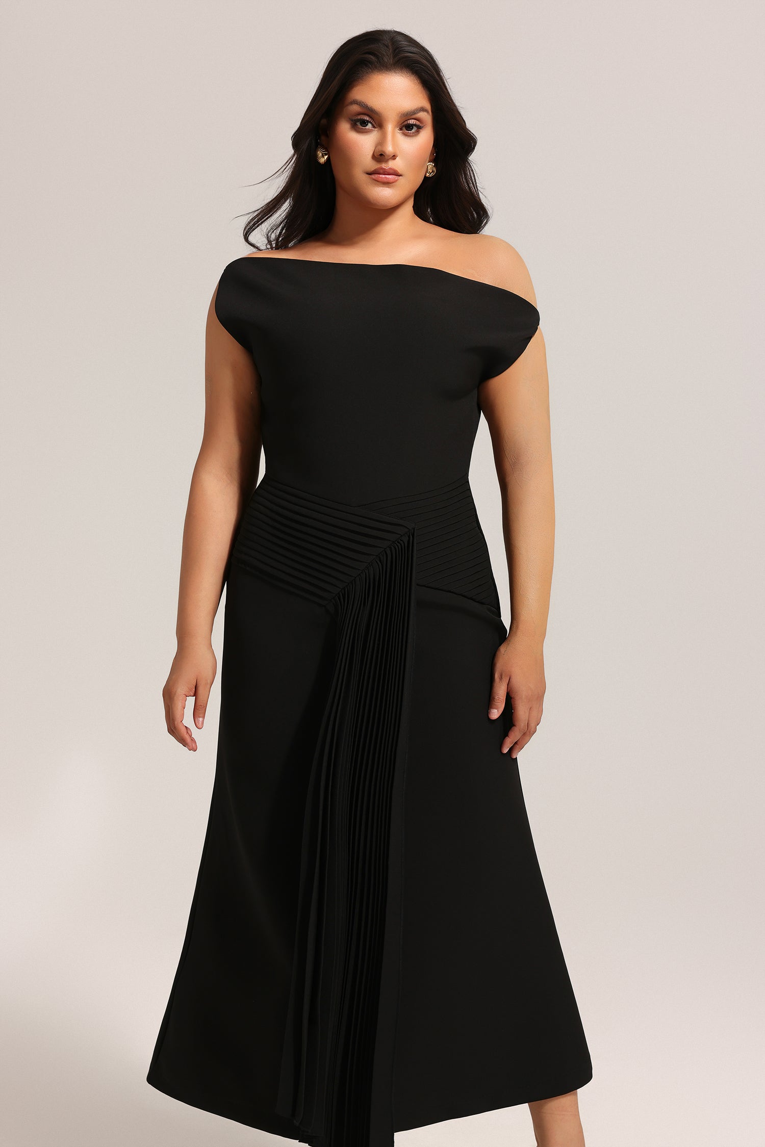 Juny Oblique Shoulder Sleeveless Folds Midi Dress	