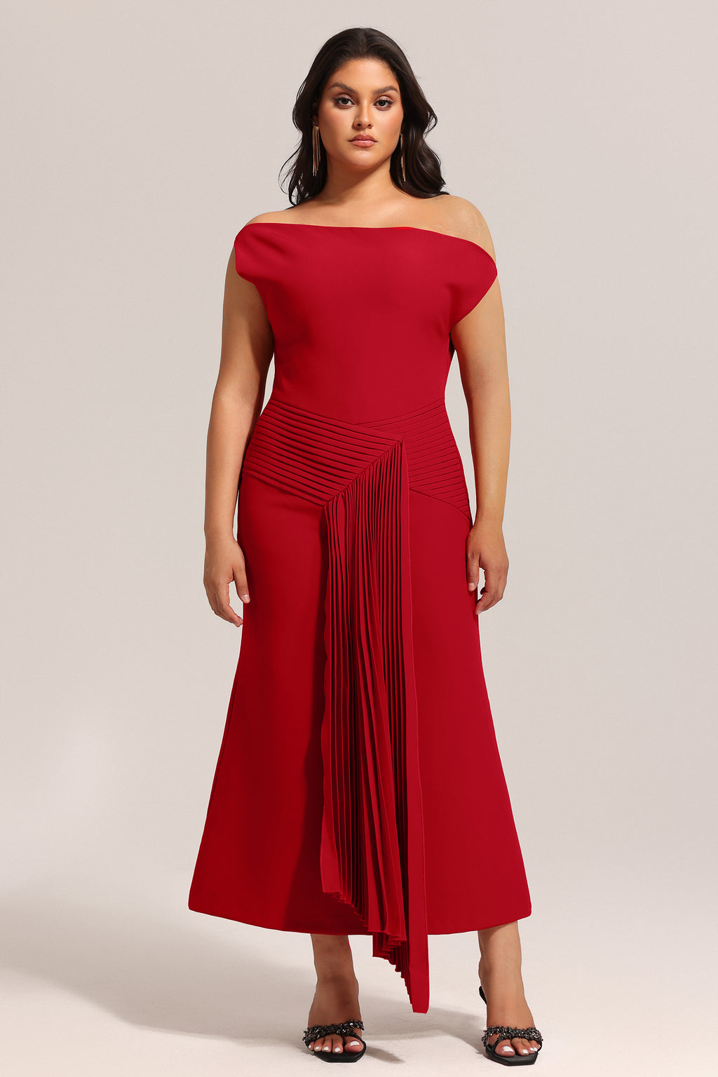 Jillian Oblique Shoulder Sleeveless Folds Midi Dress	