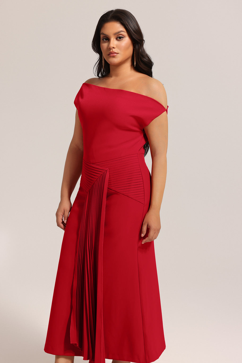 Jillian Oblique Shoulder Sleeveless Folds Midi Dress	