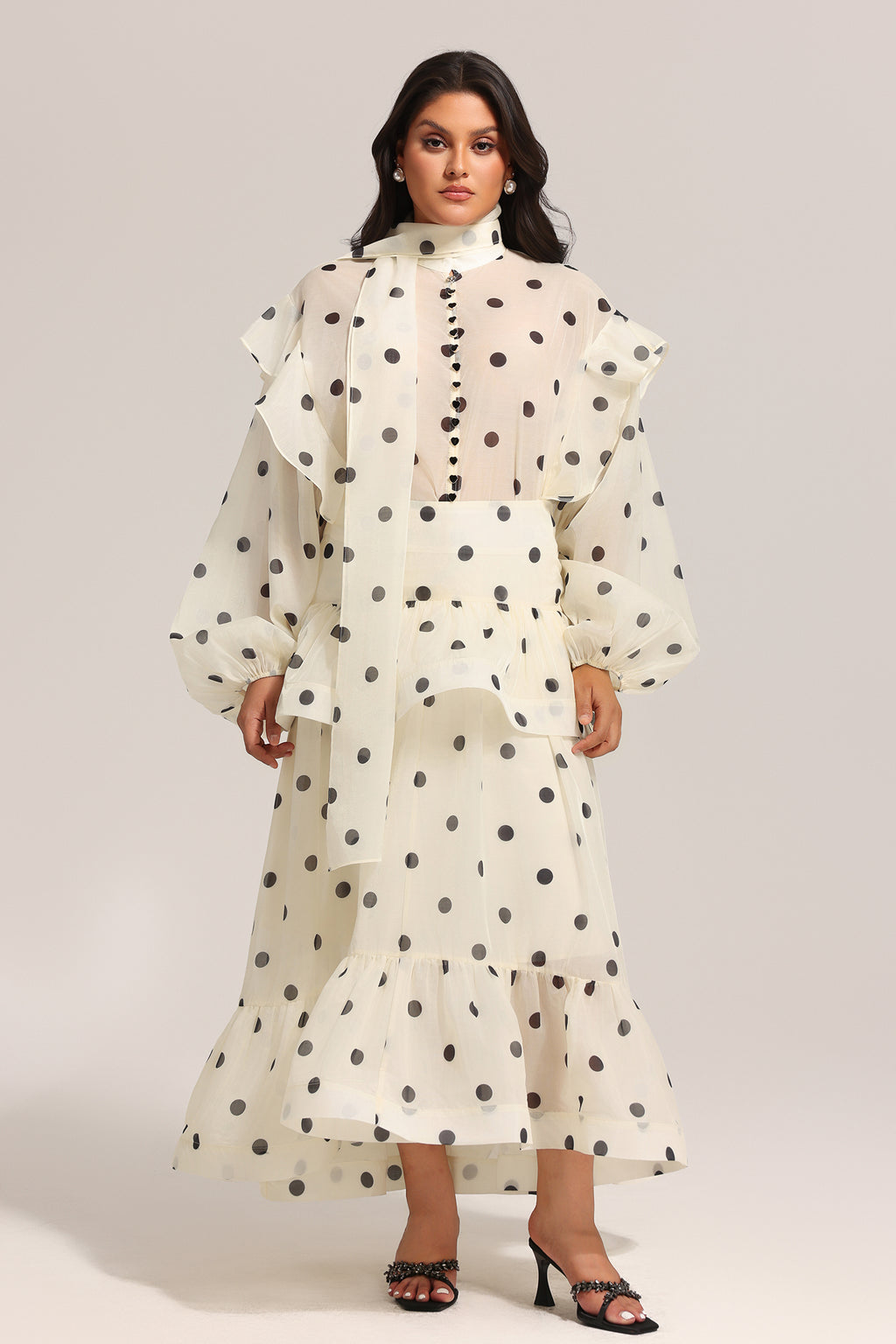 Rode Dot Printed Folds Long Sleeves Top And Skirt Two-Piece Set	