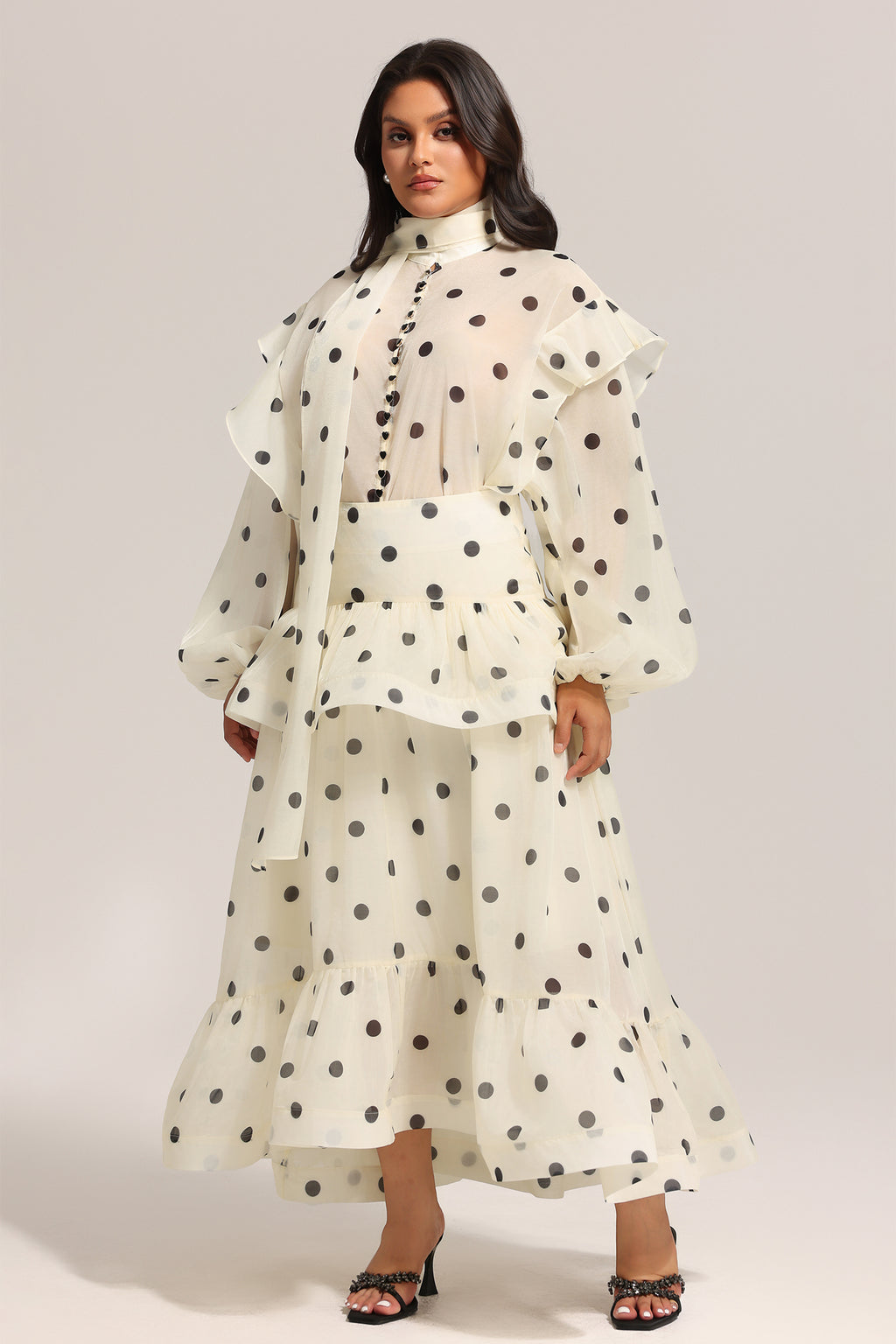 Rode Dot Printed Folds Long Sleeves Top And Skirt Two-Piece Set	