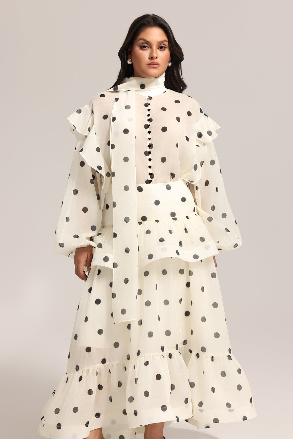 Rode Dot Printed Folds Long Sleeves Top And Skirt Two-Piece Set	