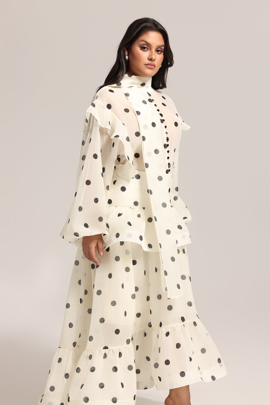 Rode Dot Printed Folds Long Sleeves Top And Skirt Two-Piece Set	