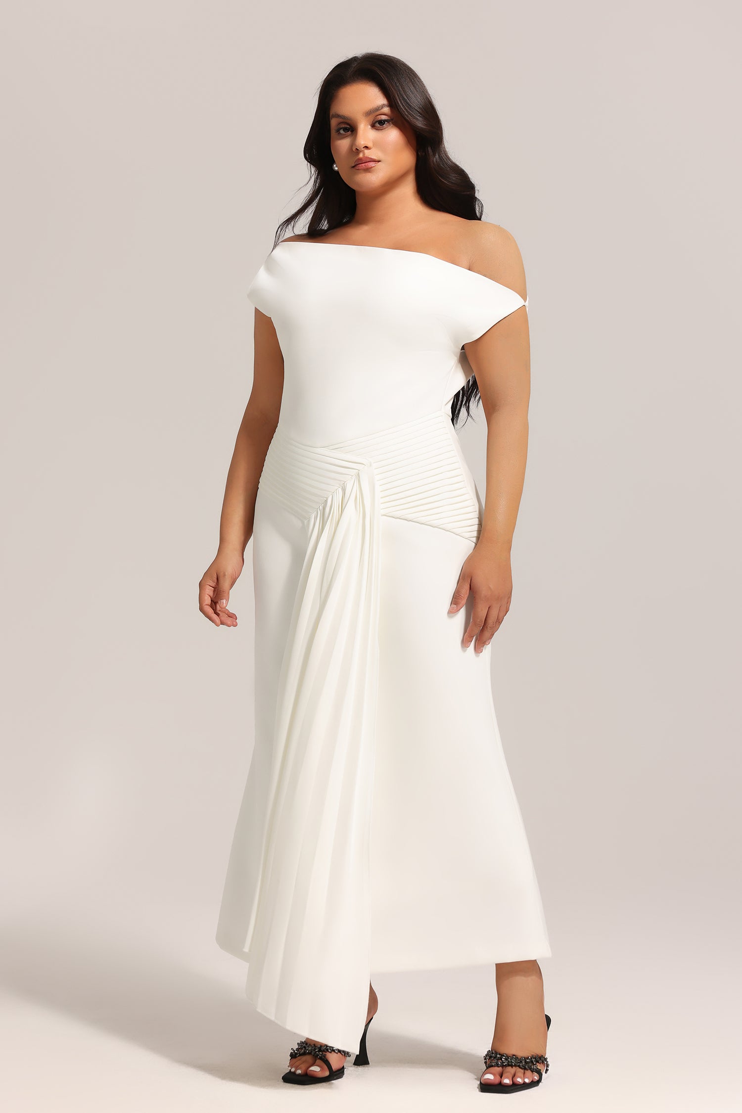 Paulina Oblique Shoulder Sleeveless Folds Midi Dress	