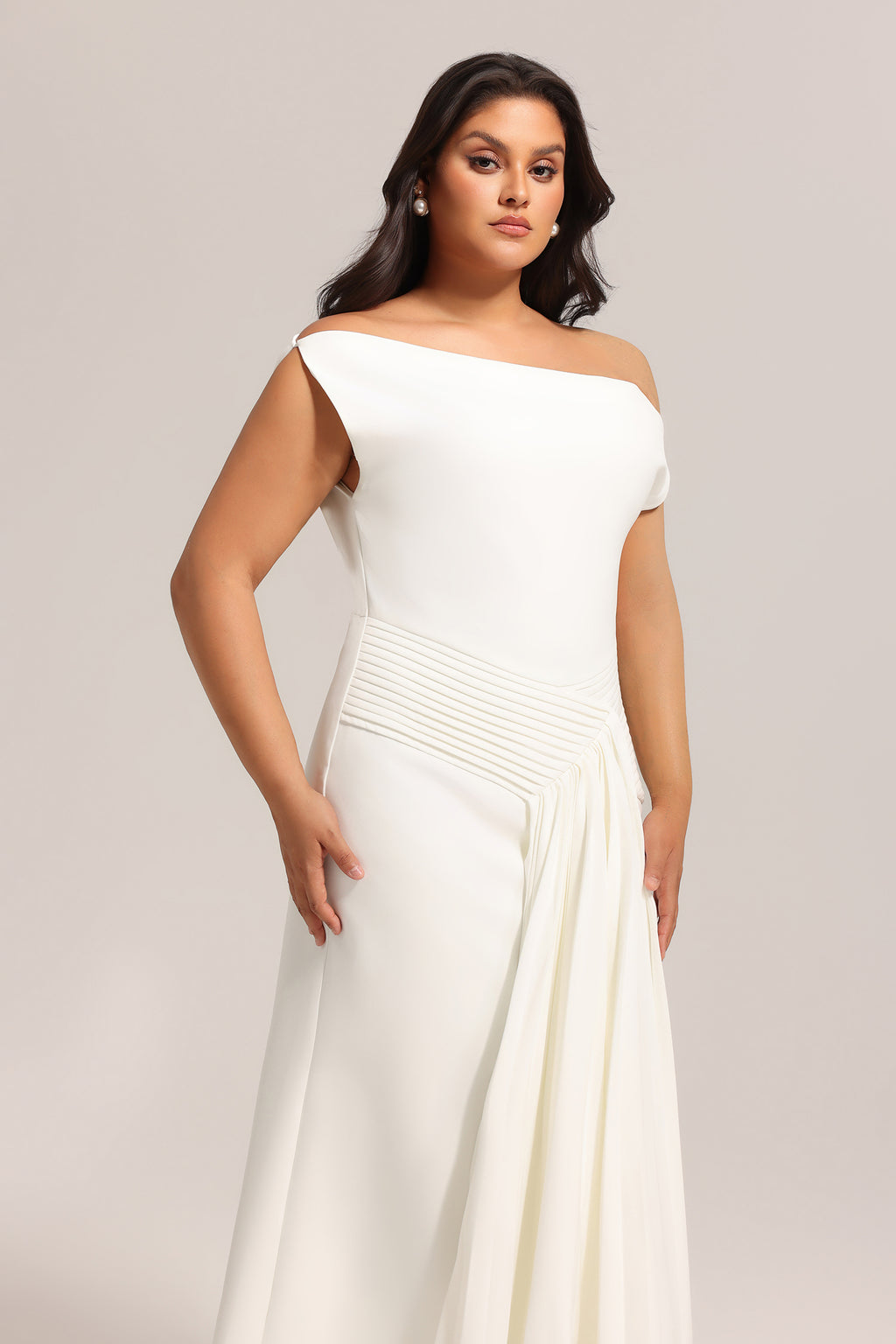 Paulina Oblique Shoulder Sleeveless Folds Midi Dress	