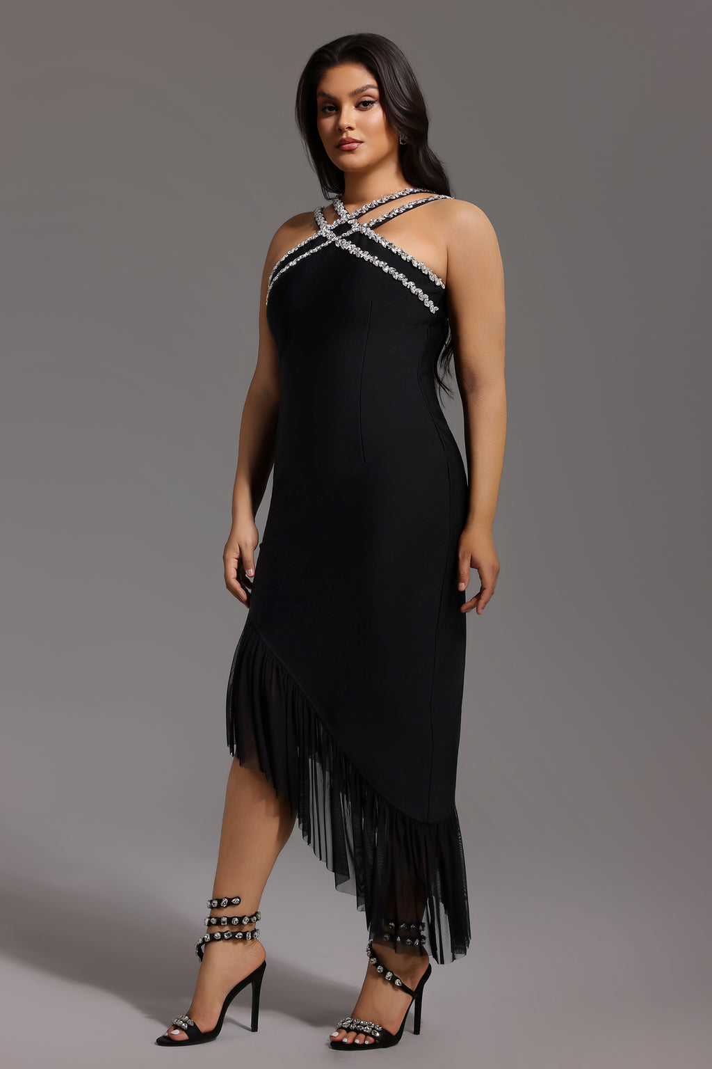 Nialla Sleeveless Diamond Flounce Bandage Maxi Dress	