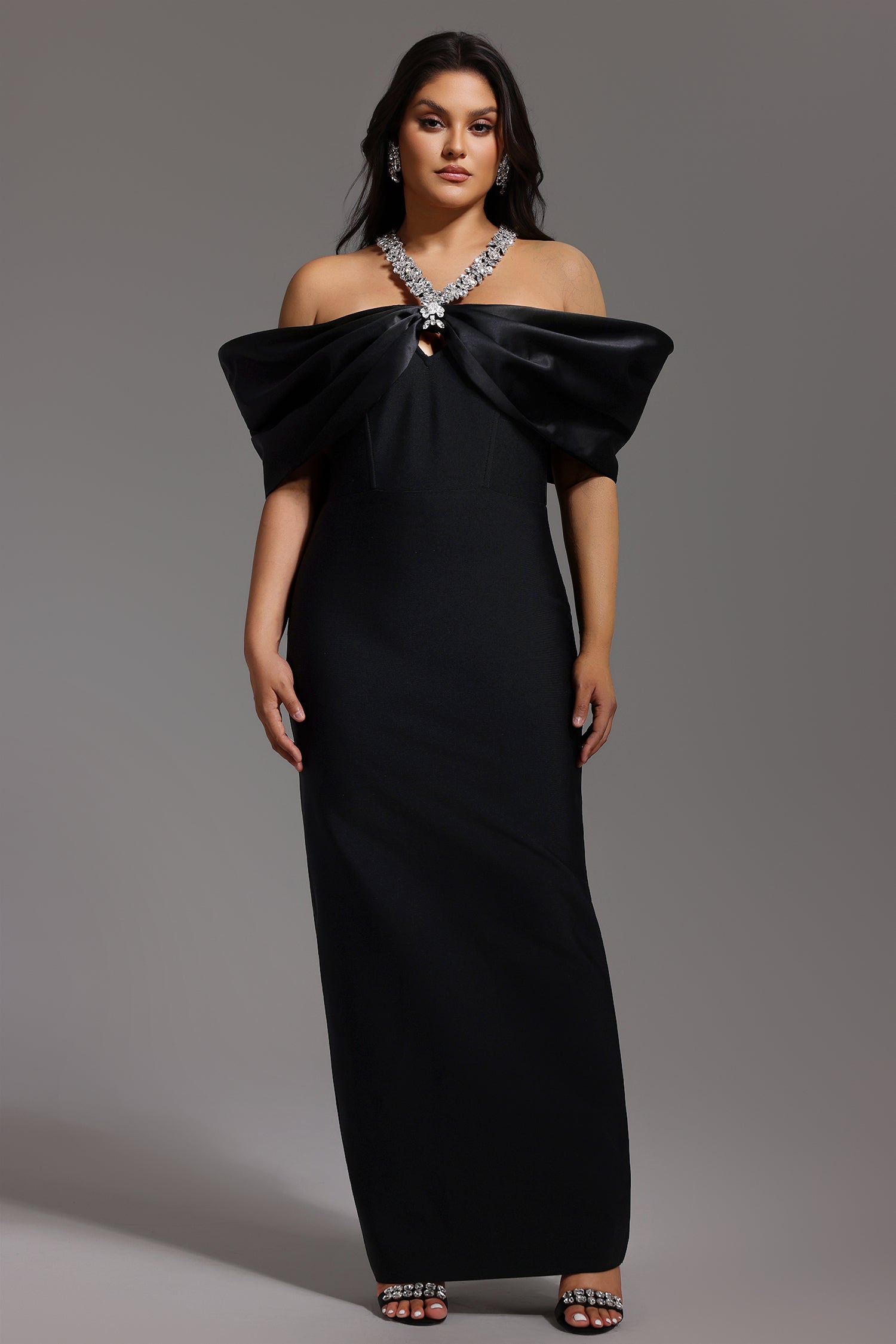 Sloan Halter Diamond Off-The-Shoulder Bandage Maxi Dress	
