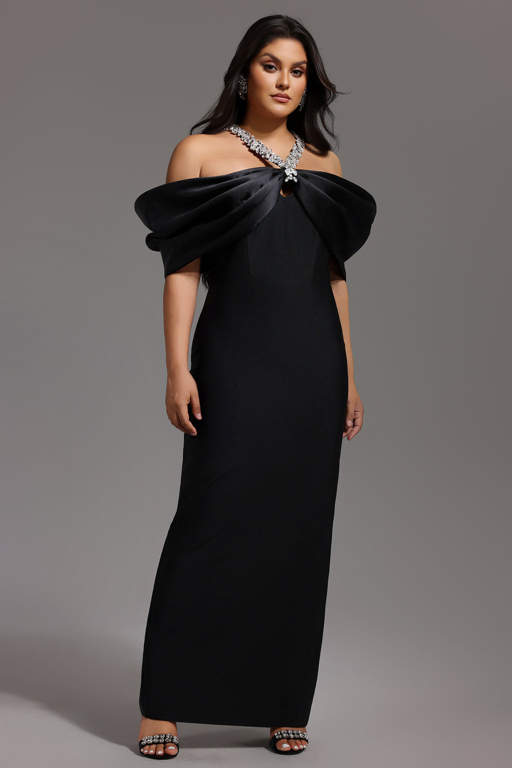 Sloan Halter Diamond Off-The-Shoulder Bandage Maxi Dress	