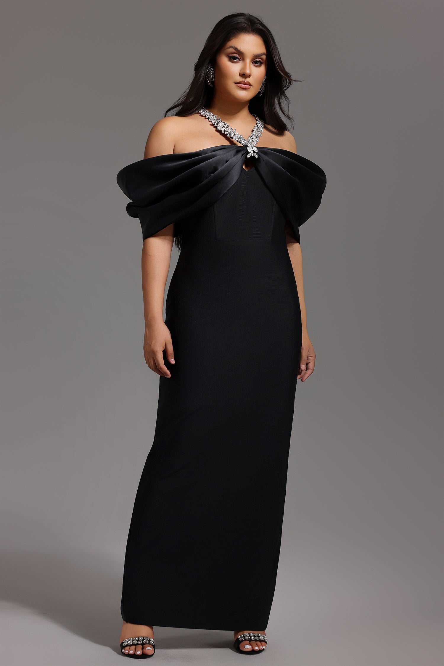 Sloan Halter Diamond Off-The-Shoulder Bandage Maxi Dress	