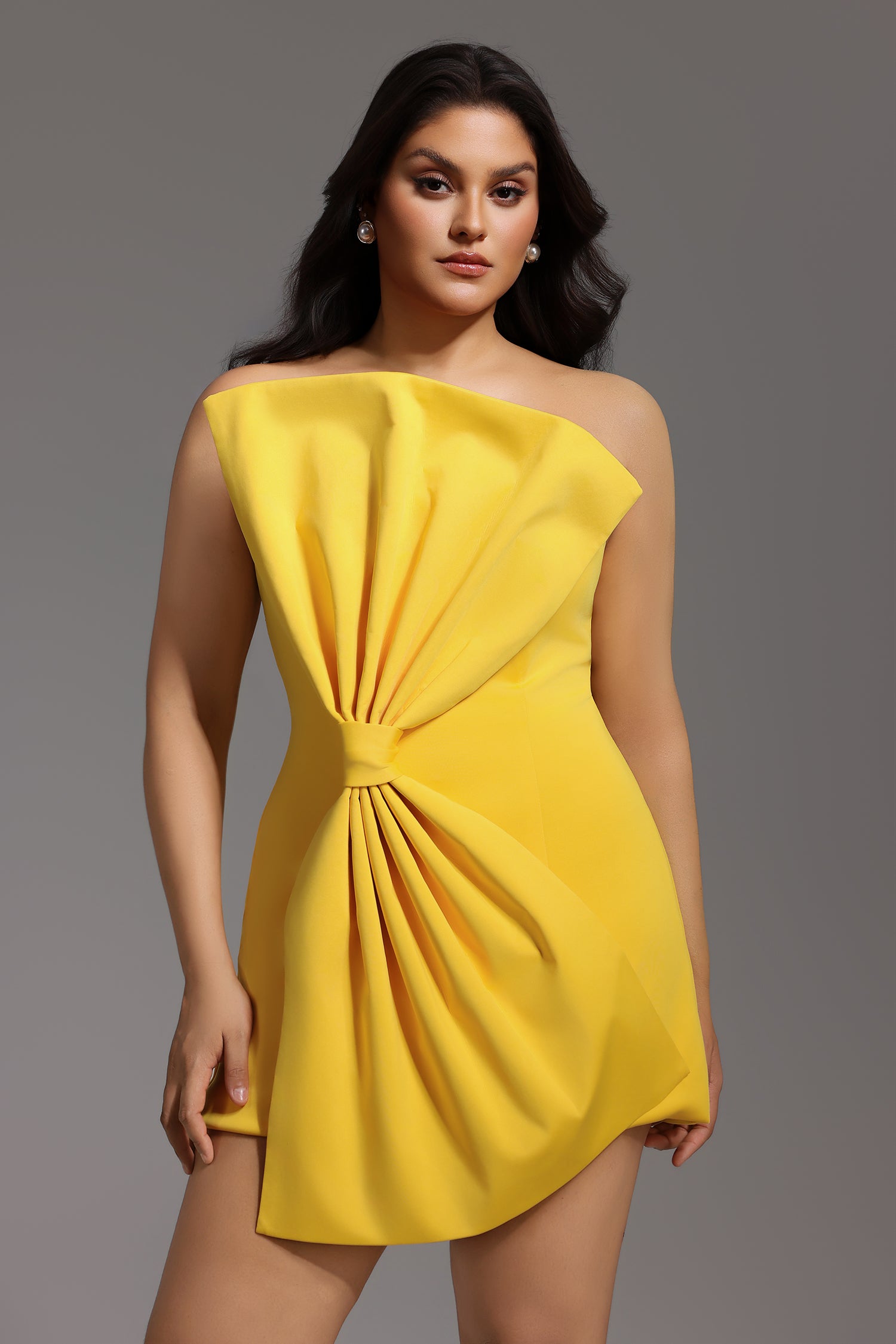 Majrela Bowknot Strapless Mini Dress - Yellow	
