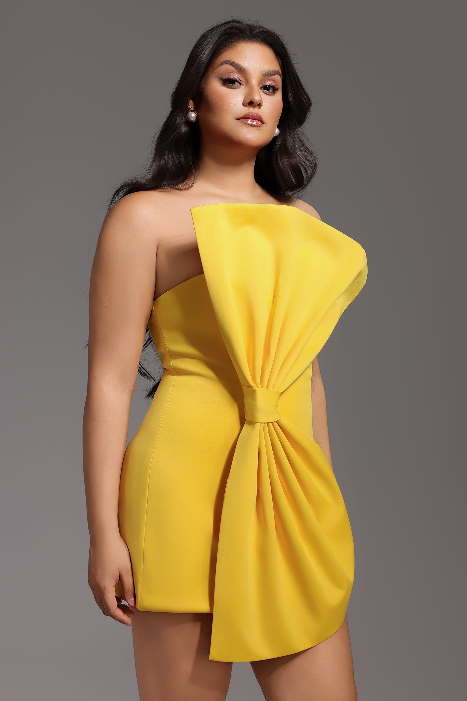 Majrela Bowknot Strapless Mini Dress - Yellow	