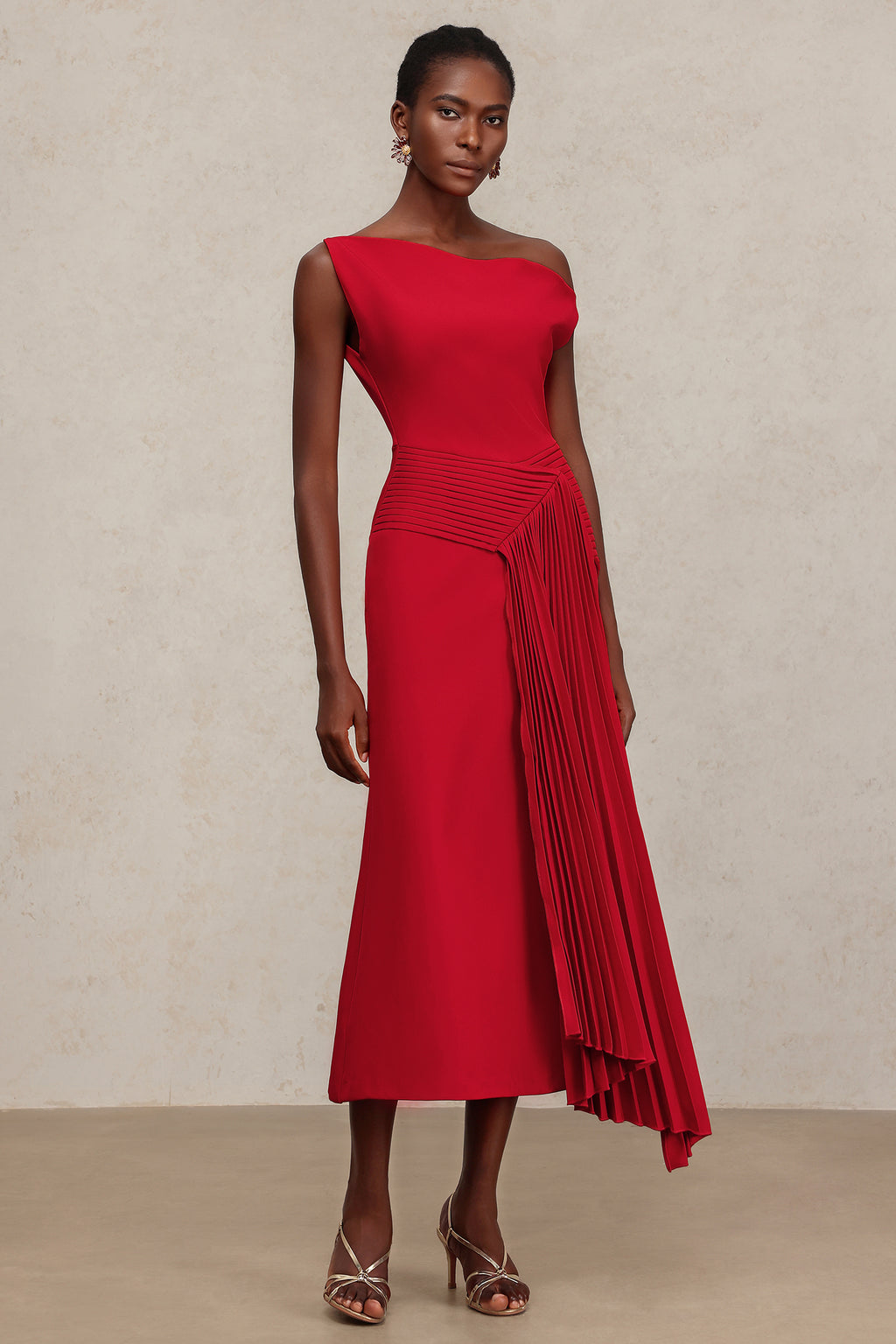 Jillian Oblique Shoulder Sleeveless Folds Midi Dress	
