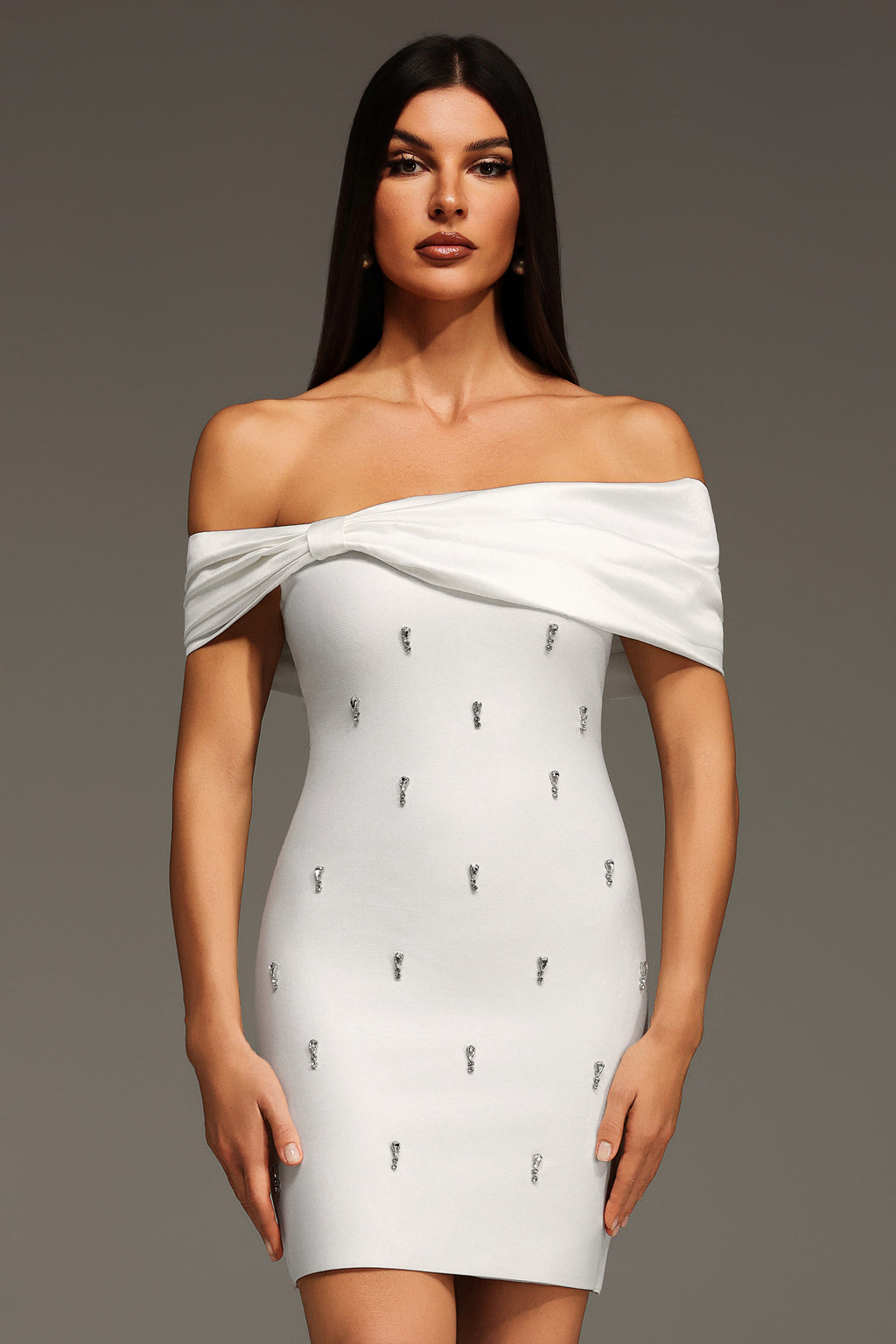 Verney Off The Shoulder Bow Diamond Bandage Mini Dress	