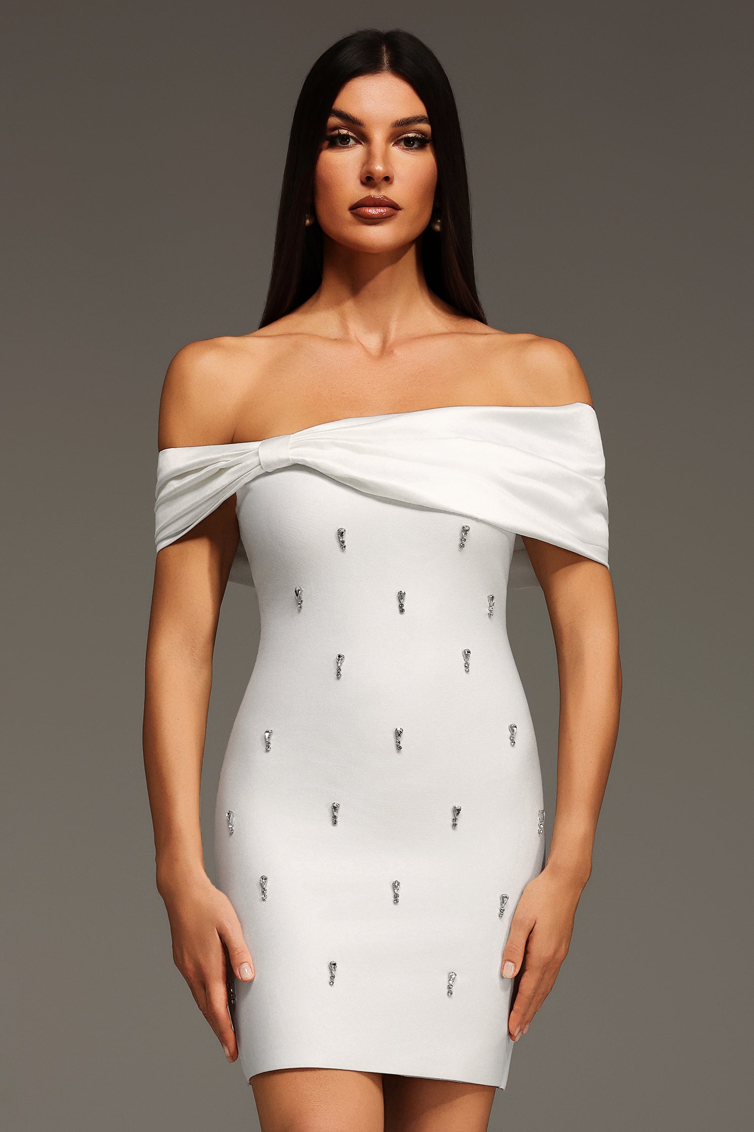 Verney Off The Shoulder Bow Diamond Bandage Mini Dress	