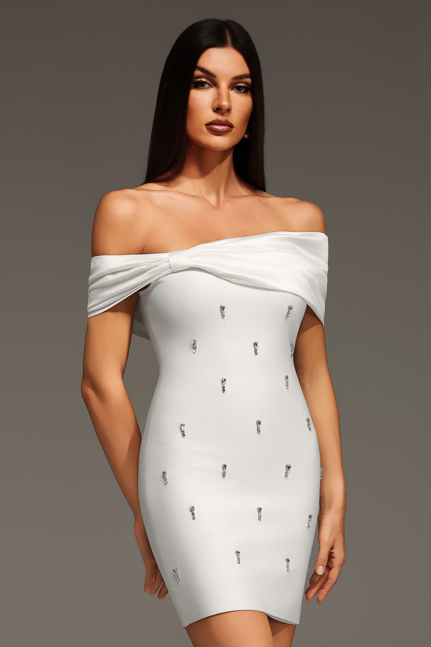 Verney Off The Shoulder Bow Diamond Bandage Mini Dress	
