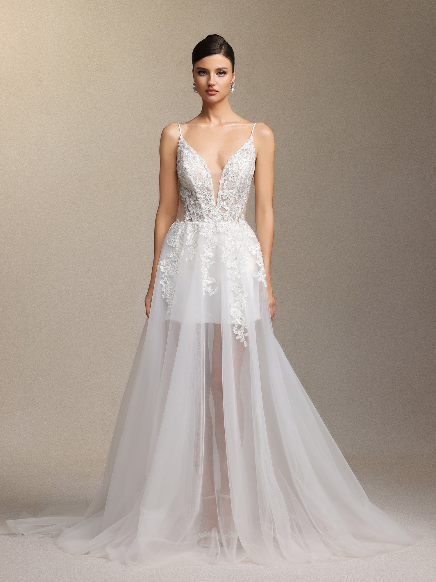 Xaler Halter straps V-neck slit lace mesh maxi wedding dress	