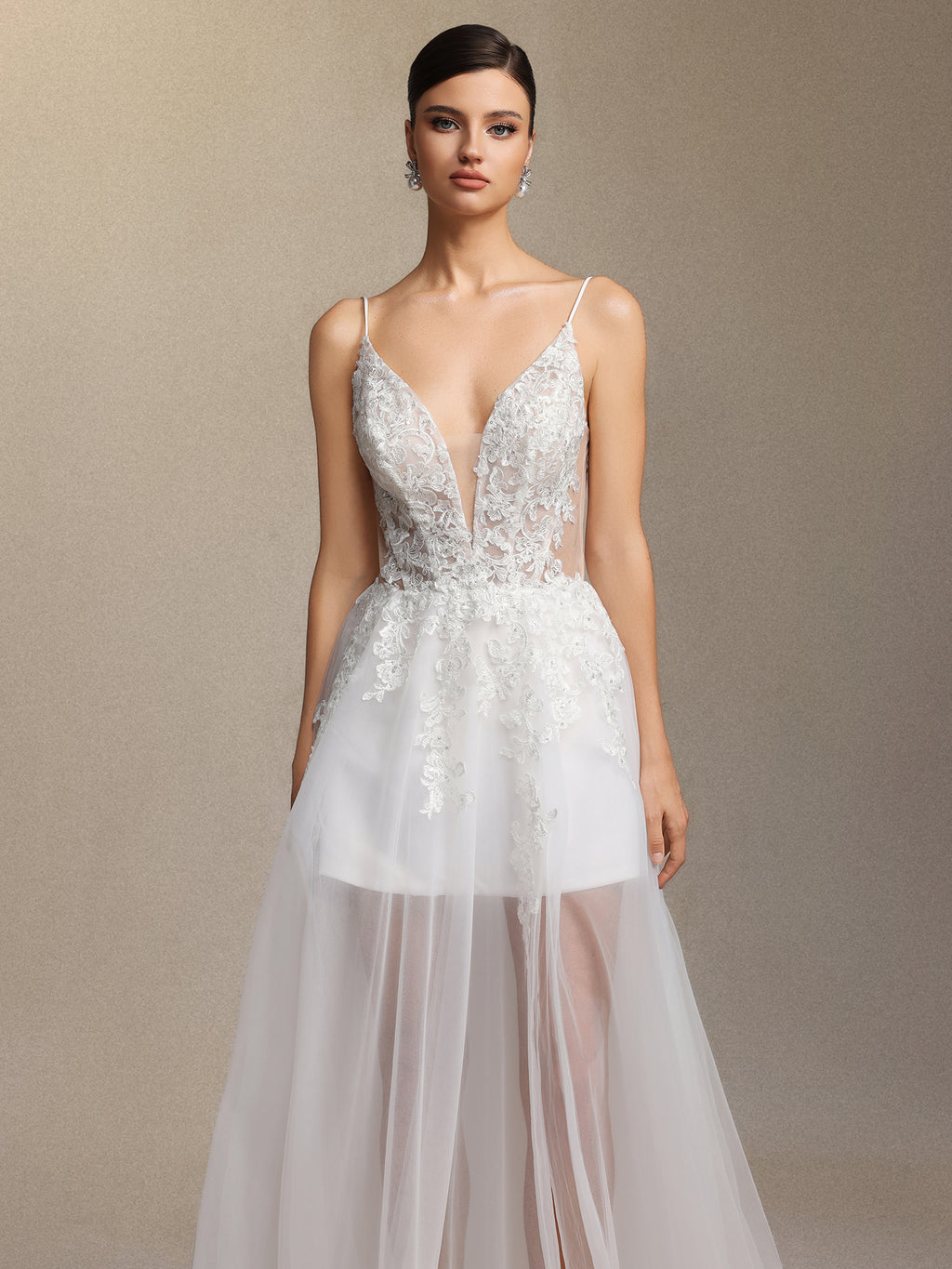 Xaler Halter straps V-neck slit lace mesh maxi wedding dress	