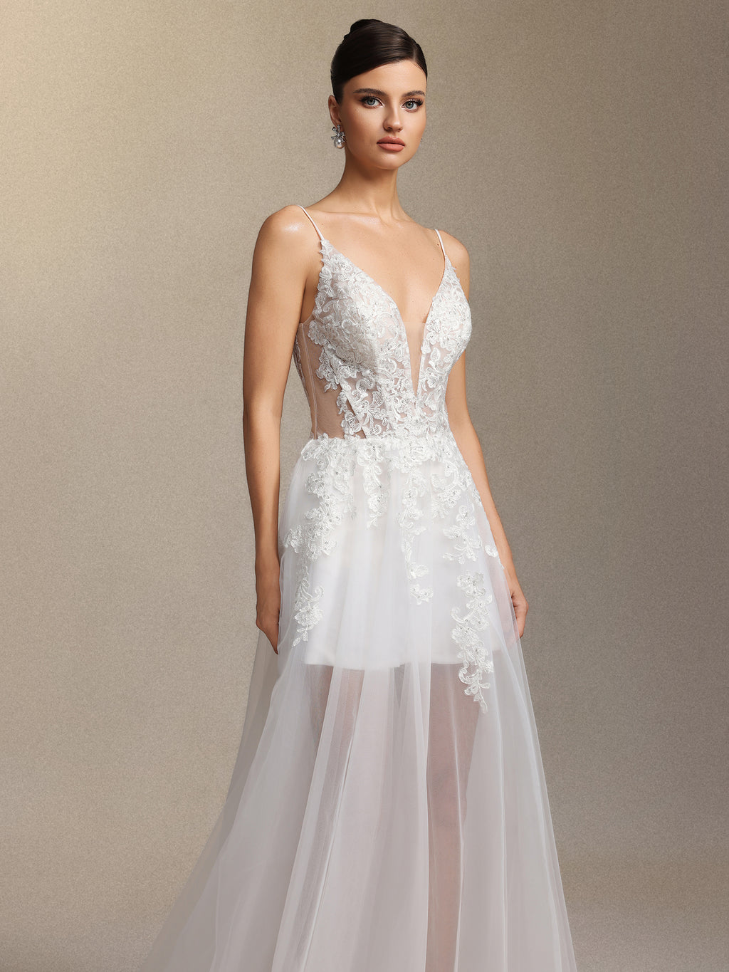 Xaler Halter straps V-neck slit lace mesh maxi wedding dress	