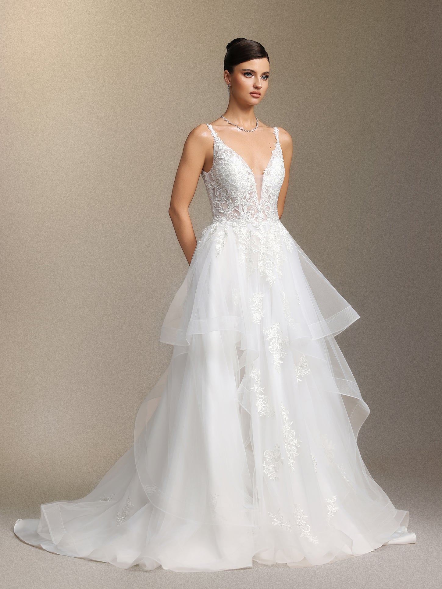 Fanya Deep V-neck lace long wedding dress	