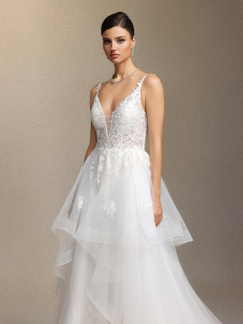 Fanya Deep V-neck lace long wedding dress	